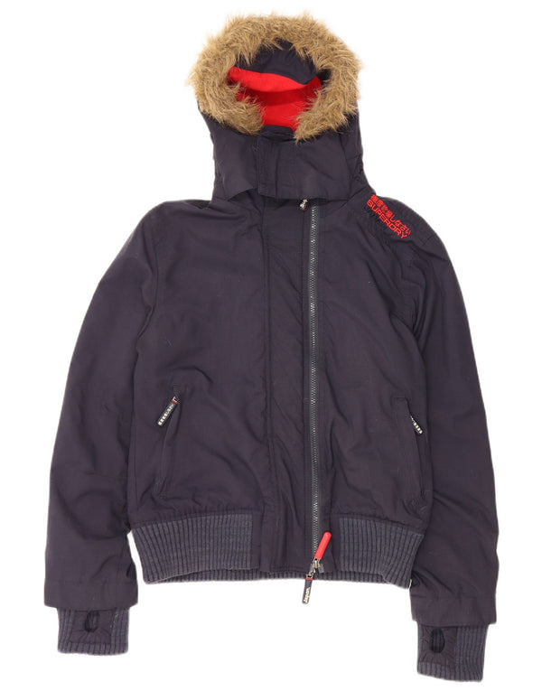 SUPERDRY Женская утепленная куртка-бомбер с капюшоном UK 14, средний темно-синий нейлон