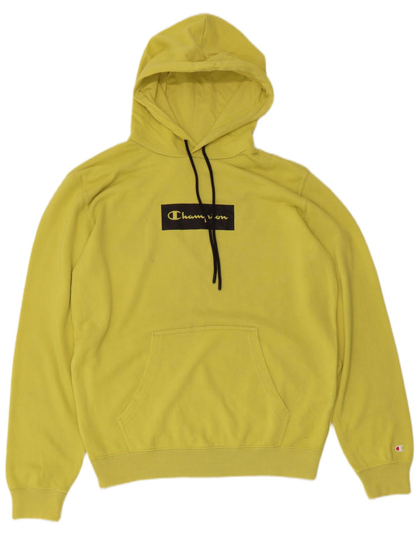 CHAMPION Mens Graphic Hoodie Jumper Large Yellow Cotton