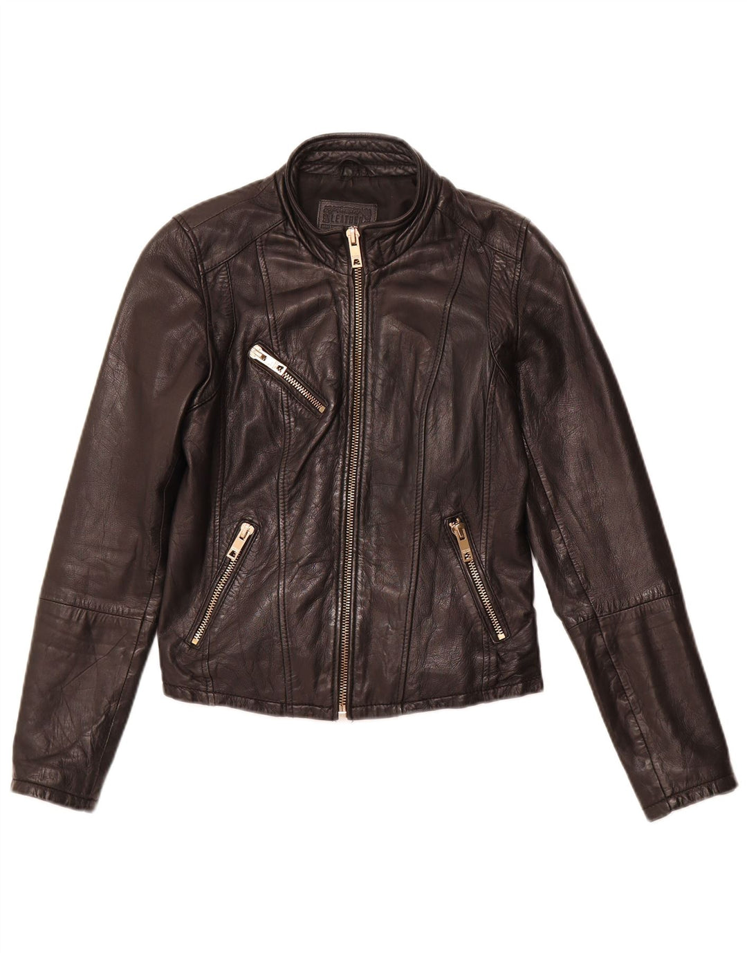 Женская кожаная куртка BERSHKA UK 12, средний черный кожаный цвет