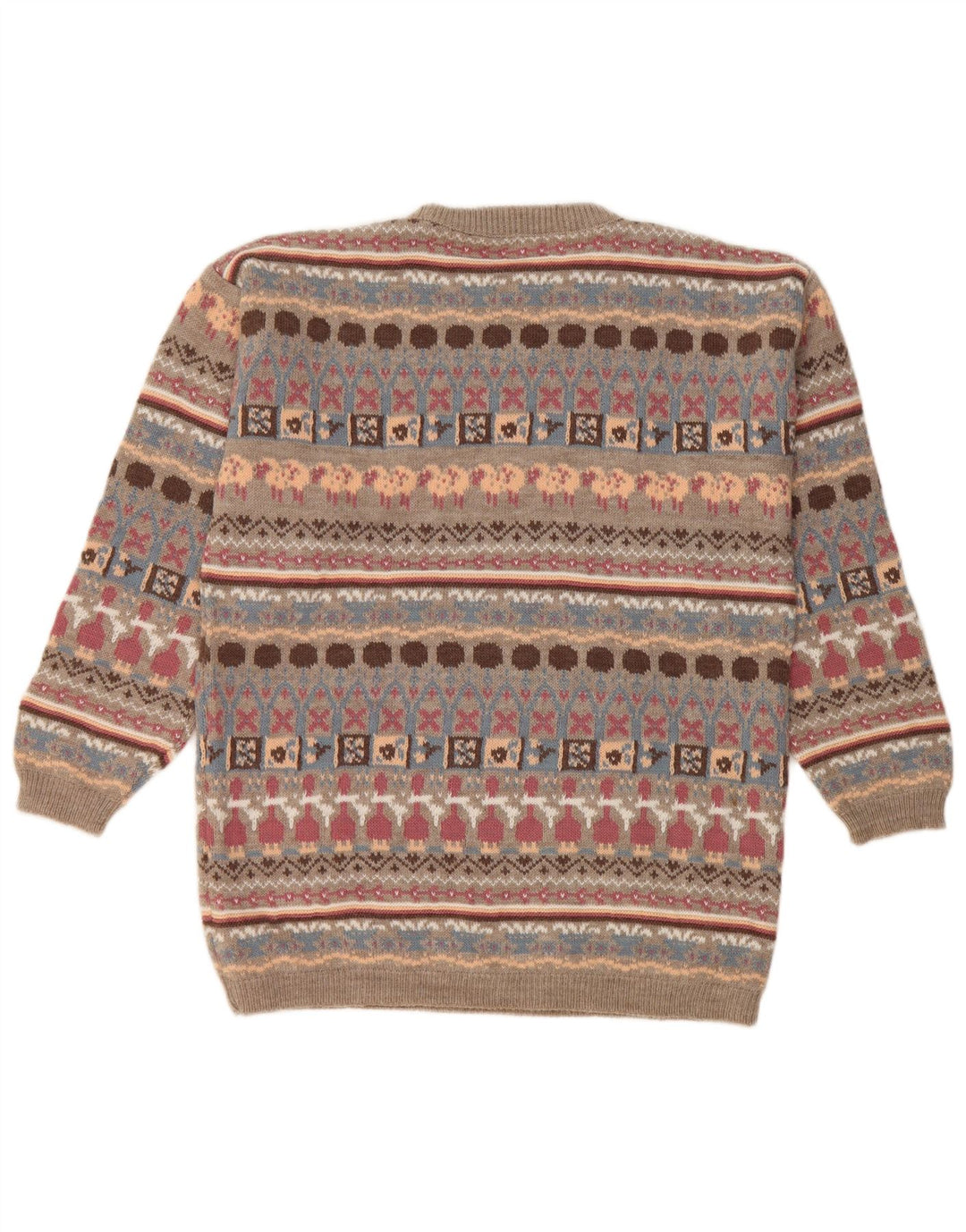 Винтажный женский джемпер с круглым вырезом, Великобритания, 14, средний бежевый, с геометрическим рисунком