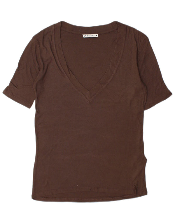 Женская футболка Zara Top UK 14, средний коричневый, вискоза