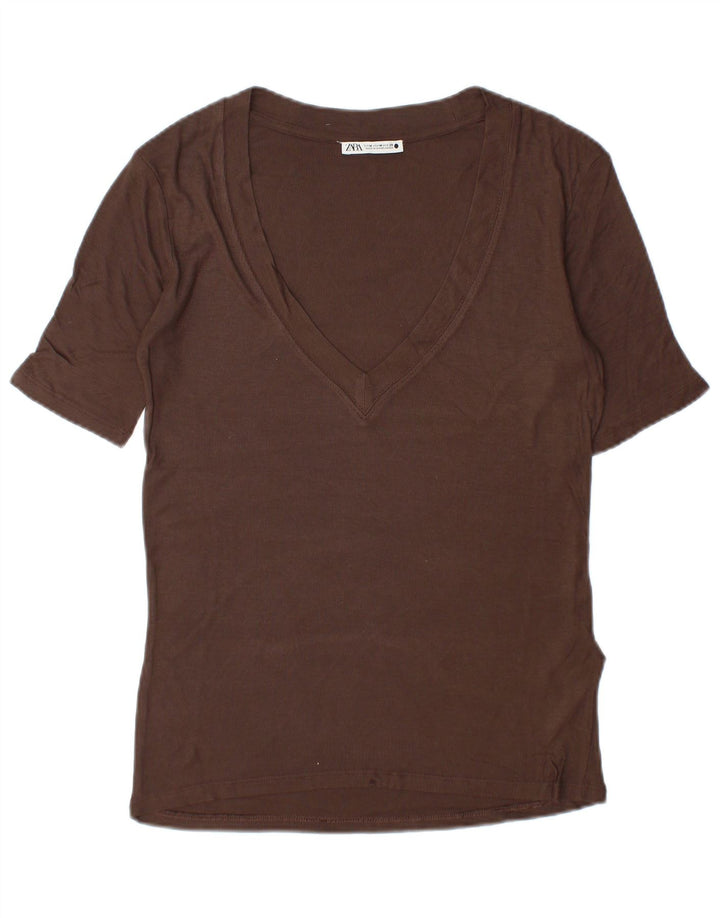 Женская футболка Zara Top UK 14, средний коричневый, вискоза