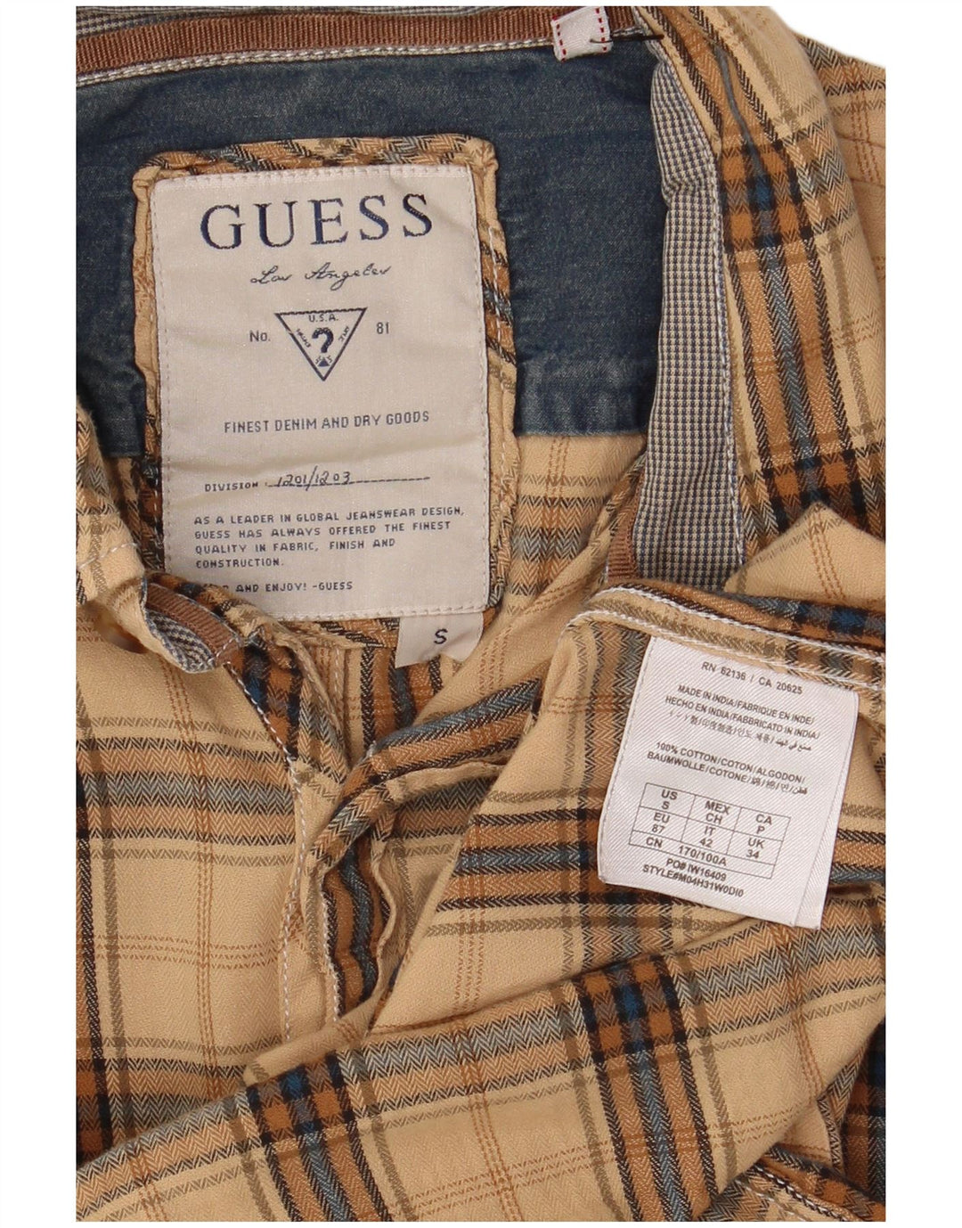 Мужская фланелевая рубашка Guess, маленькая бежевая клетка, хлопок