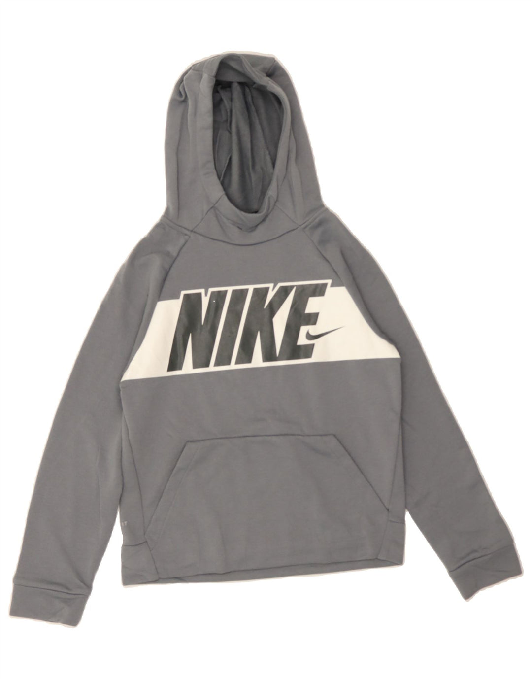 NIKE Boys Dri Fit Graphic Hoodie Jumper 10-11 Years Medium Grey Polyester Vintage Nike and Second-Hand Nike from Messina Hembry 