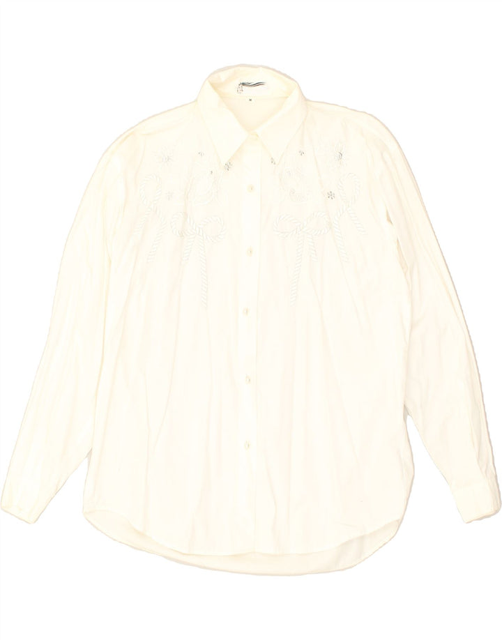 VINTAGE Womens Loose Fit Graphic Shirt UK 14 Medium White Floral Cotton | Vintage Vintage | Thrift | Second-Hand Vintage | Used Clothing | Messina Hembry 