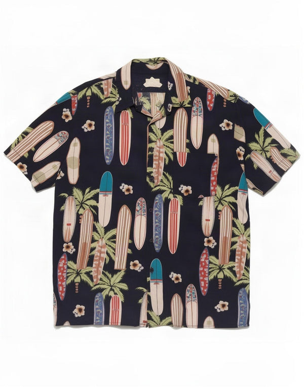 Винтажная мужская рубашка с коротким рукавом с абстрактным узором, большая темно-синяя вискоза