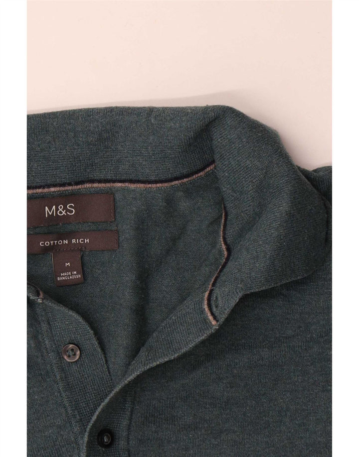 Мужской джемпер с воротником-поло Marks & Spencer, средний зеленый хлопковый свитер