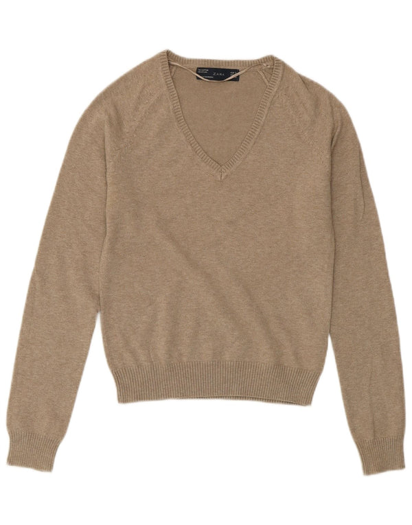 Женский джемпер с v-образным вырезом ZARA UK 8, маленький серый хлопок