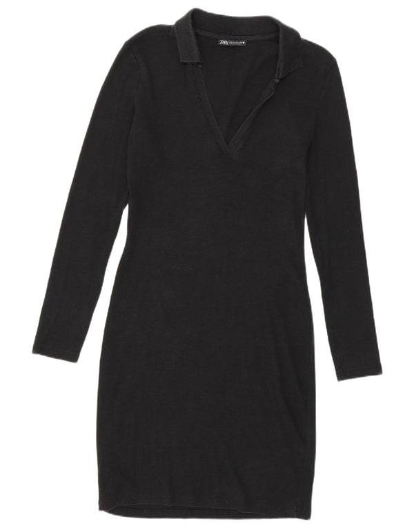 Женское облегающее платье Zara с длинными рукавами UK 12, средний черный хлопок, хлопок