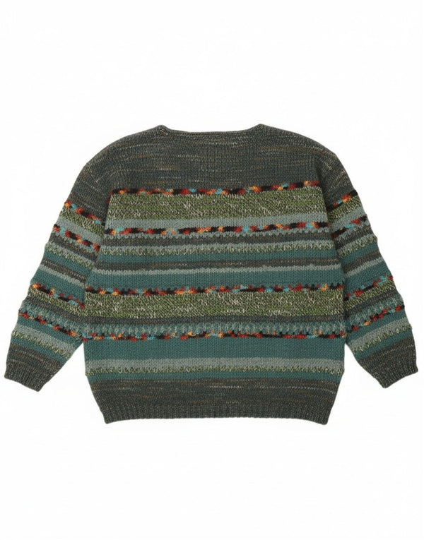 Vintage Womens Crew Neck Jumper Sweater UK 14 Large Green Striped Retro