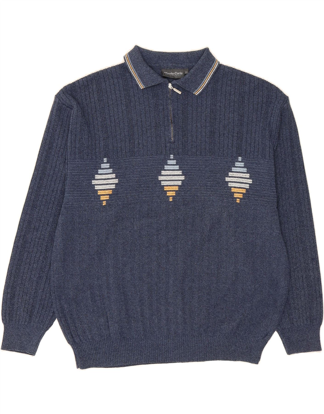 MONTE CARLO Mens Polo Neck Jumper Sweater IT 50 Medium Blue Geometric Vintage Monte Carlo and Second-Hand Monte Carlo from Messina Hembry 