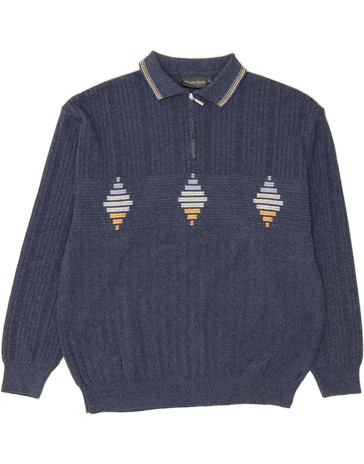 MONTE CARLO Mens Polo Neck Jumper Sweater IT 50 Medium Blue Geometric Vintage Monte Carlo and Second-Hand Monte Carlo from Messina Hembry 
