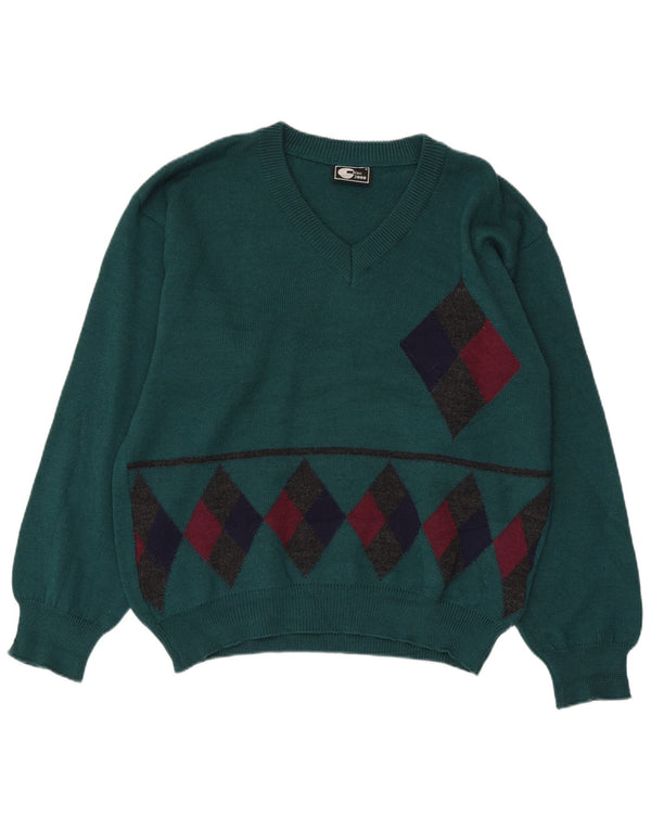 Винтажный женский джемпер с v-образным вырезом IT 50 XL, зеленая шерсть с узором аргайл/ромб
