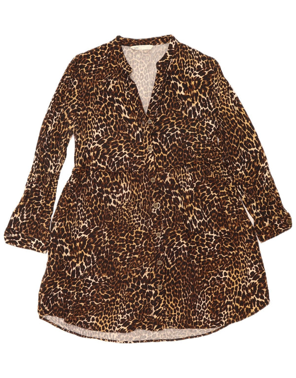 Женское платье-рубашка Zara Z1975 UK 10, маленькое коричневое из вискозы с животным принтом