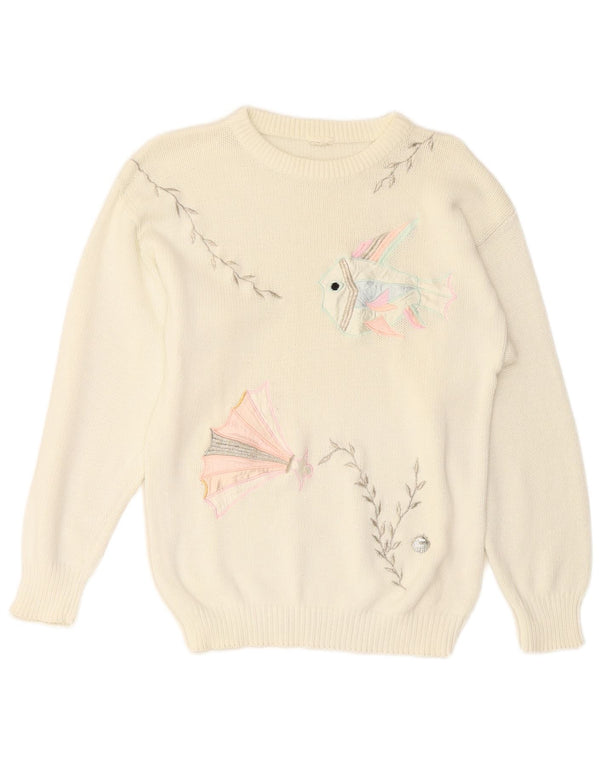 ВИНТАЖНЫЙ женский джемпер с круглым вырезом, Великобритания 14, средний, белый цвет