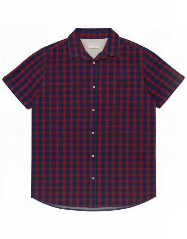 Мужская рубашка с коротким рукавом Jack & Jones XL, темно-синяя клетка, хлопок