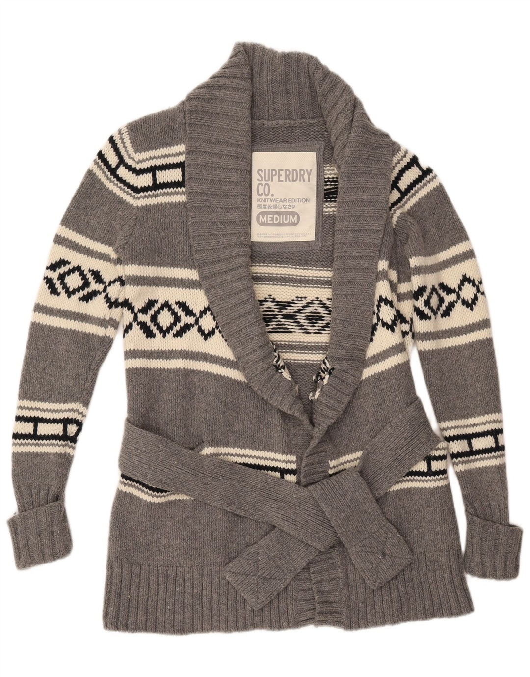 Женский кардиган Superdry UK 14, шерсть среднего серого цвета с геометрическим рисунком