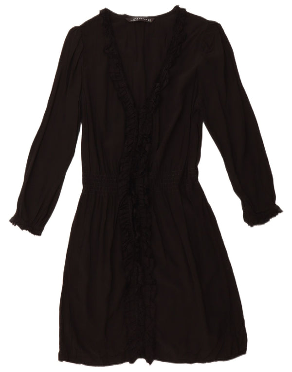 Женское платье трапециевидной формы с оборками спереди и длинными рукавами ZARA UK 12, средний черный цвет