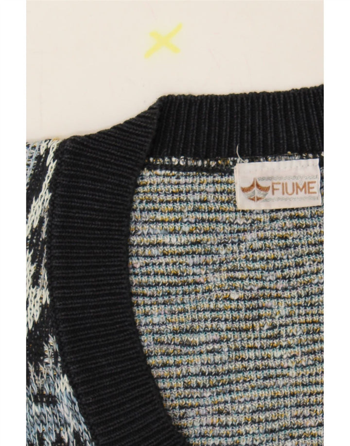 FIUME Mens Abstract Pattern V-Neck Jumper Sweater IT 52 Large Navy Blue Vintage Fiume and Second-Hand Fiume from Messina Hembry 