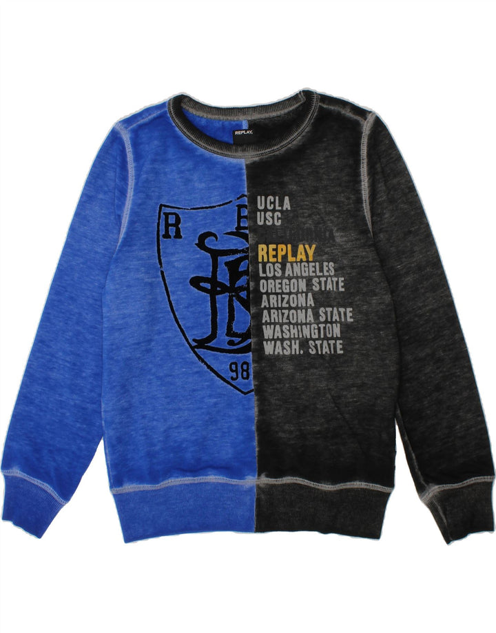 REPLAY Boys Graphic Sweatshirt Jumper 11-12 Years Blue Colourblock Vintage Replay and Second-Hand Replay from Messina Hembry 