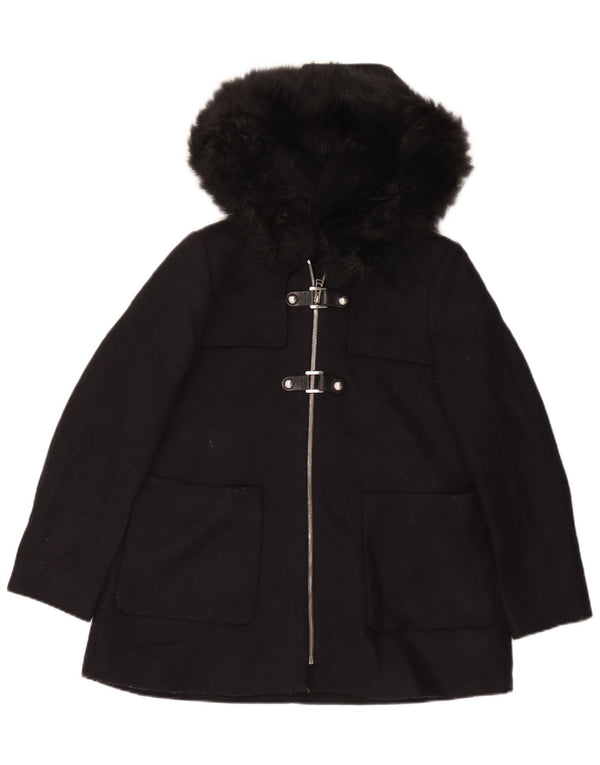 Zara Womens Hooded Oversized Overcoat UK 10 Small Black Wool