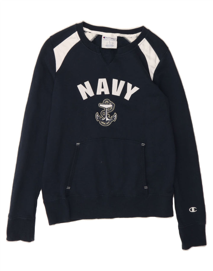 CHAMPION Womens Oversized Graphic Sweatshirt Jumper UK 10 Small Navy Blue Vintage Champion and Second-Hand Champion from Messina Hembry 
