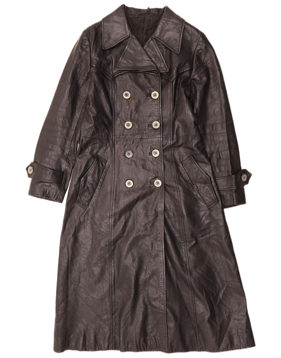 ВИНТАЖНОЕ Женское Кожаное Пальто UK 12 Среднее Черное Кожаное