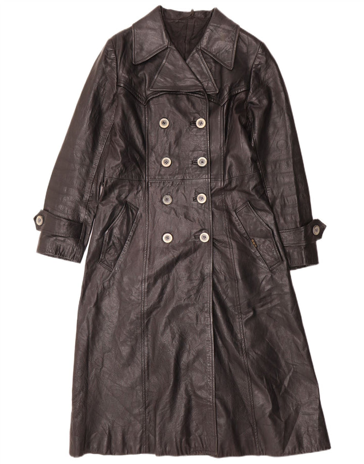 ВИНТАЖНОЕ Женское Кожаное Пальто UK 12 Среднее Черное Кожаное