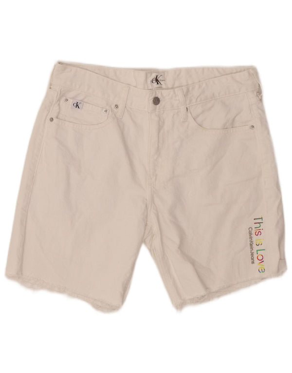 CALVIN KLEIN Mens Graphic Denim Shorts W31 Medium White Cotton