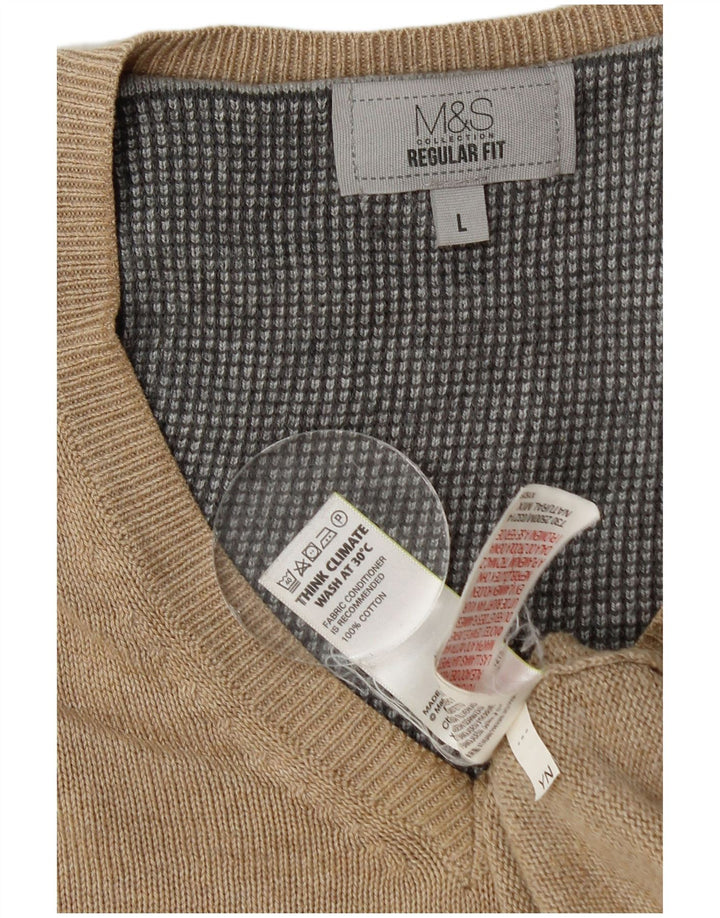 Мужской джемпер обычного кроя с v-образным вырезом Marks & Spencer, большой бежевый хлопковый свитер