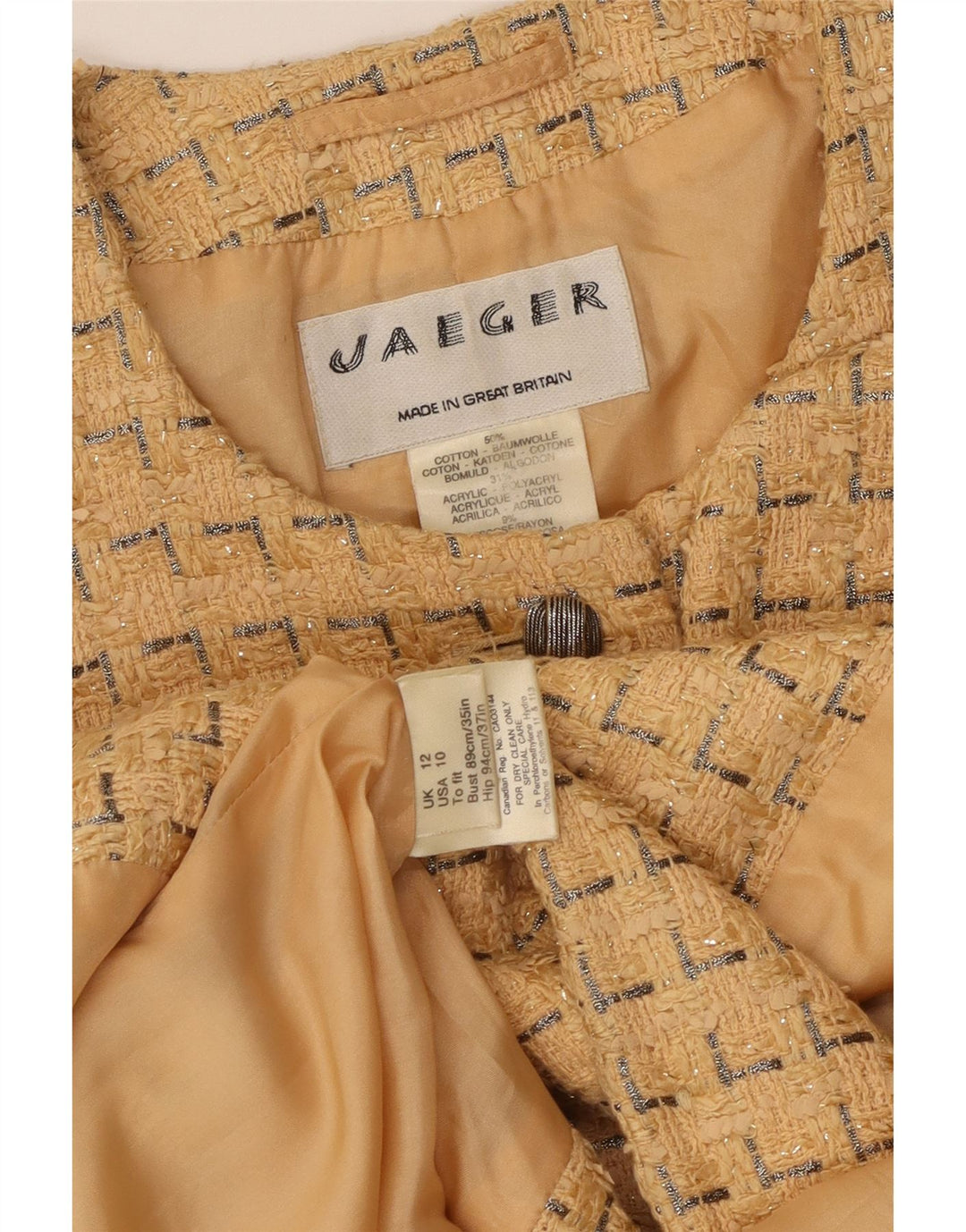 Женский пиджак Jaeger на 5 пуговицах, Великобритания 12, хлопковый средний желтый с геометрическим узором