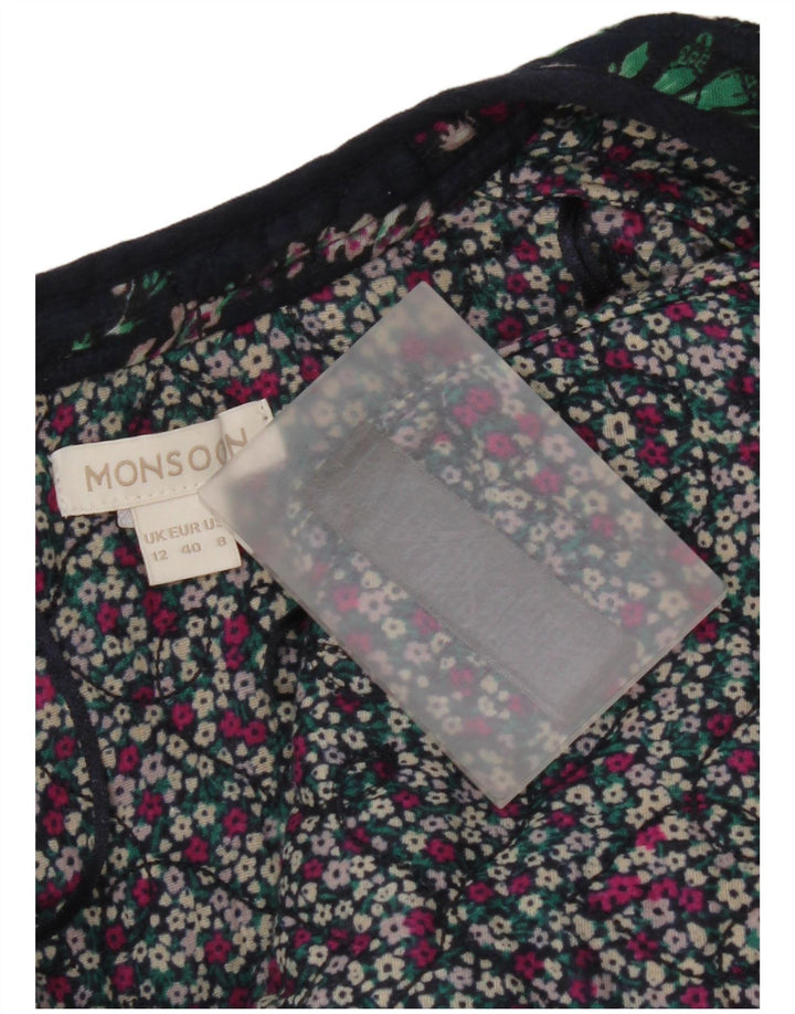 Женский открытый пиджак Monsoon UK 12, средний темно-синий хлопковый цветочный принт