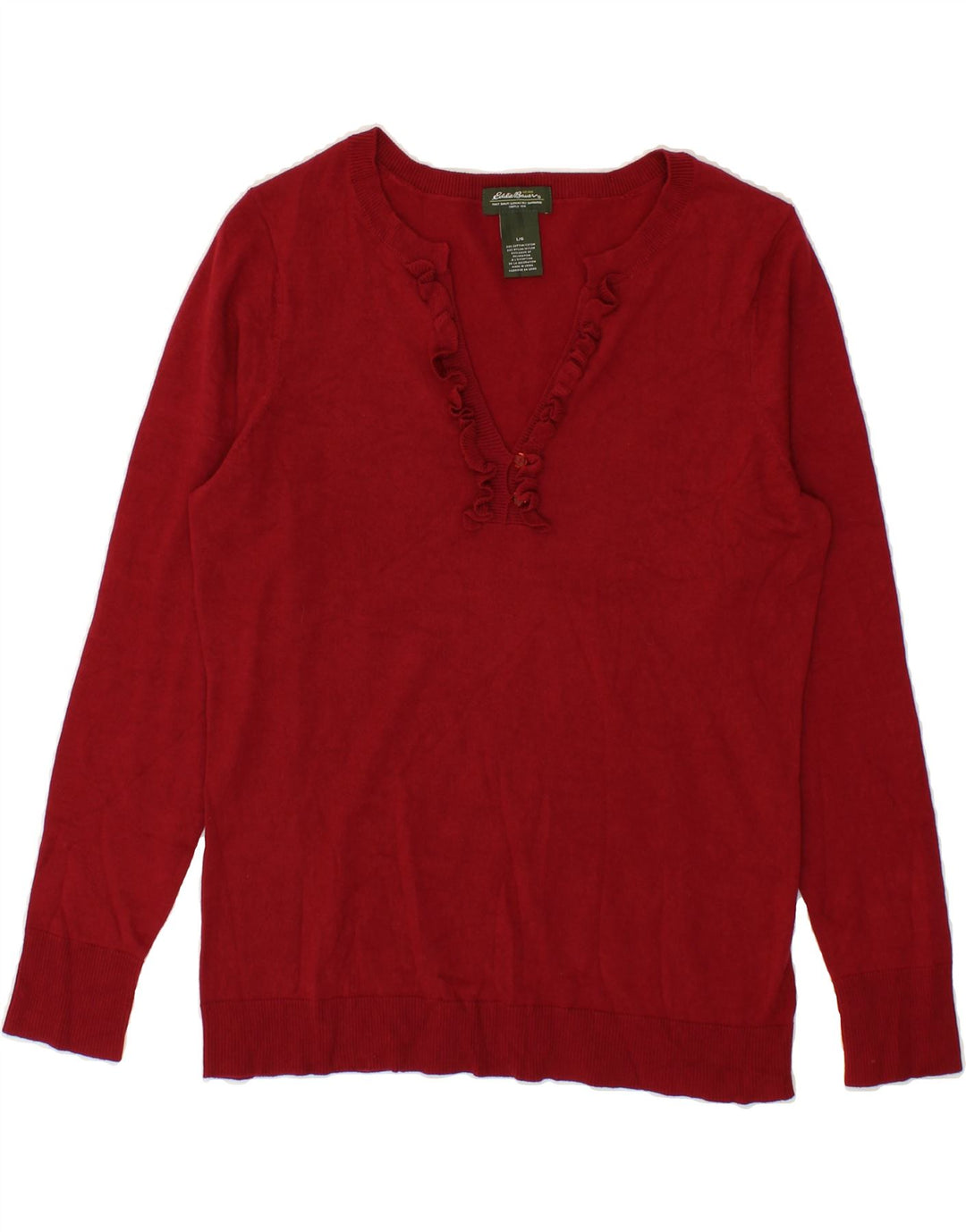 EDDIE BAUER Womens Ruffle Front V-Neck Jumper Sweater UK 14 Large Red Vintage Eddie Bauer and Second-Hand Eddie Bauer from Messina Hembry 