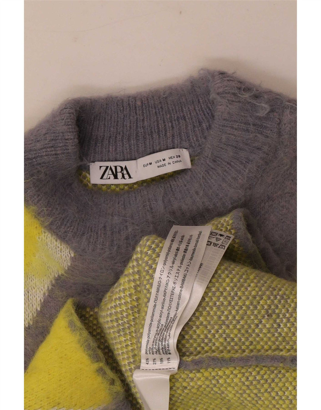 Женский джемпер с высоким воротником Zara UK 14, средний серый цвет с цветными блоками