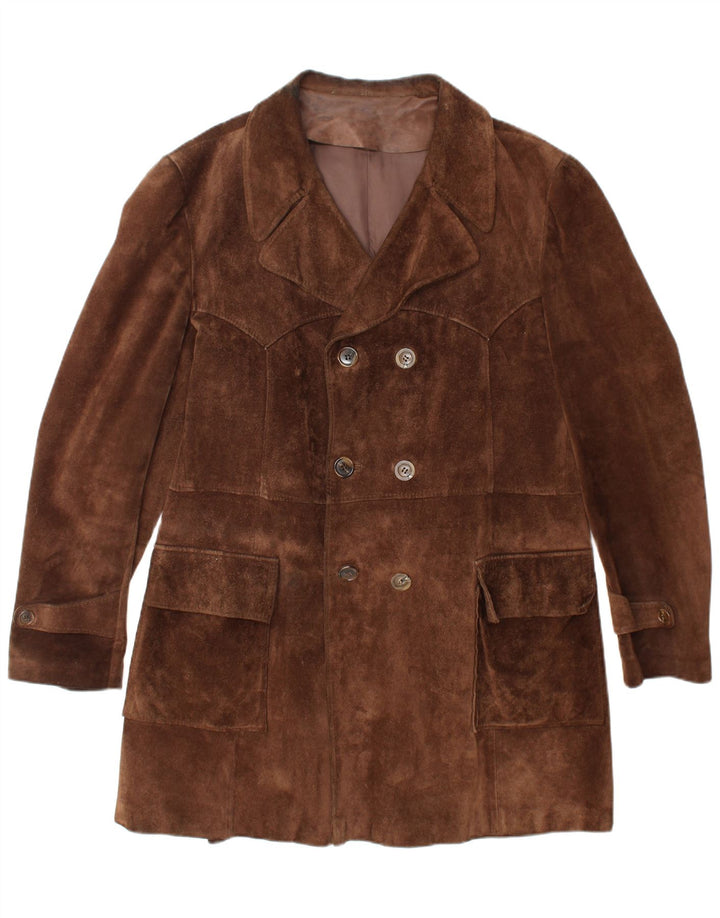 Мужское замшевое двубортное пальто VINTAGE UK 40, большое коричневое