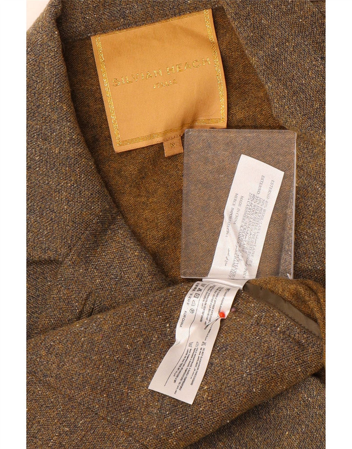 Женский вязаный пиджак Silvian Heach UK 12, средний коричневый цвет с цветными блоками