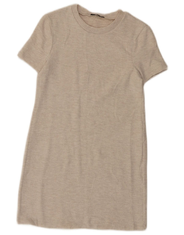Zara Womens Short Sleeves T-Shirt Dress UK 10 Small Beige Flecked Polyester