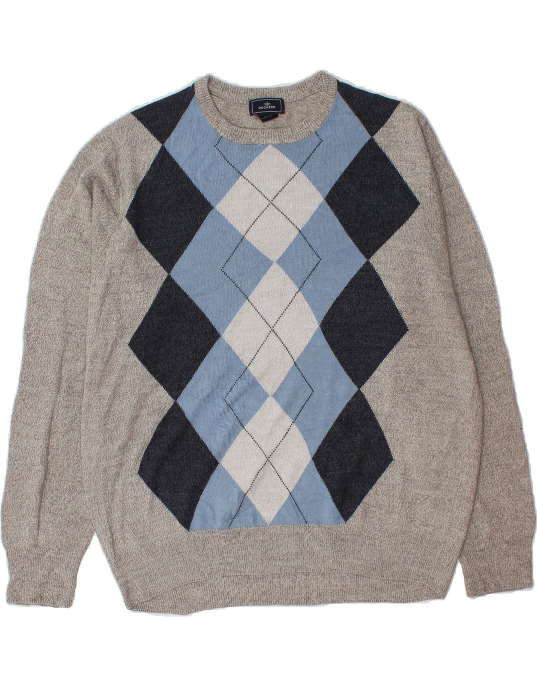 DOCKERS Womens Crew Neck Jumper Sweater UK 16 Large Grey Argyle/Diamond Vintage Dockers and Second-Hand Dockers from Messina Hembry 