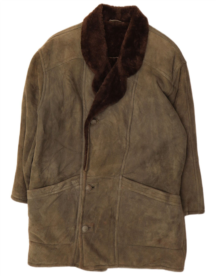 ВИНТАЖНОЕ мужское пальто из овчины свободного покроя, Великобритания, размер 36, маленький, хаки