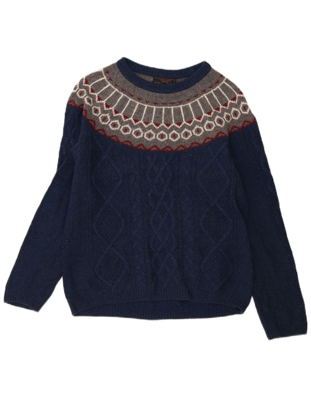 Мужской джемпер с вырезом лодочкой Zara, средний темно-синий Fair Isle