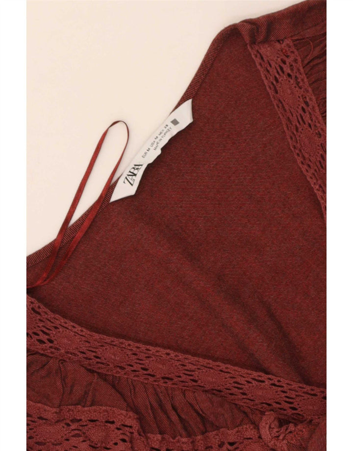 Женская блузка с рюшами спереди и длинными рукавами Zara UK 12, средний темно-бордовый цвет