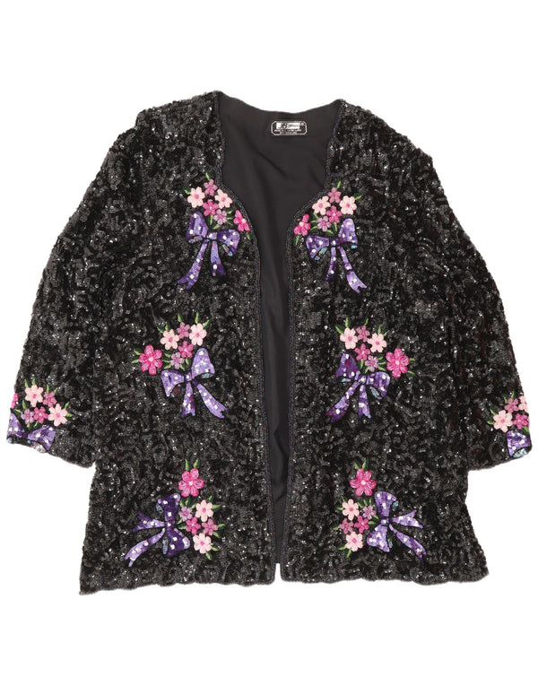 Винтажный женский кардиган с пайетками, Великобритания, 24, 4XL, черный шелковый цветочный принт