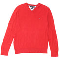 Tommy Hilfiger Мужской джемпер с v-образным вырезом, большой красный хлопковый свитер