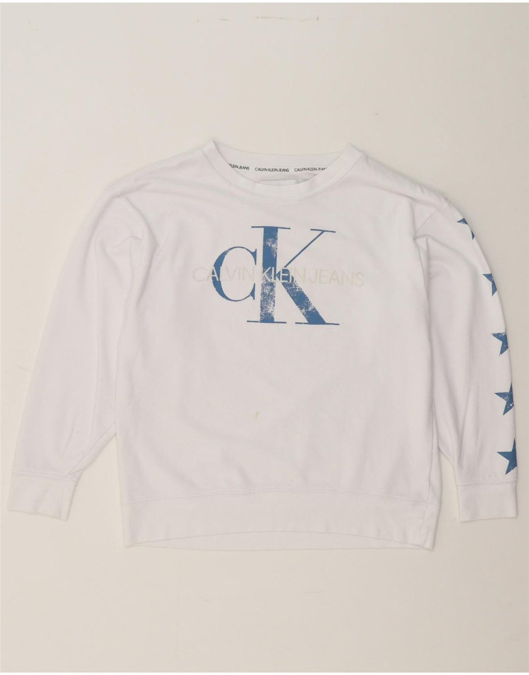 CALVIN KLEIN JEANS Womens Graphic Sweatshirt Jumper UK 14 Medium White Vintage Calvin Klein Jeans and Second-Hand Calvin Klein Jeans from Messina Hembry 