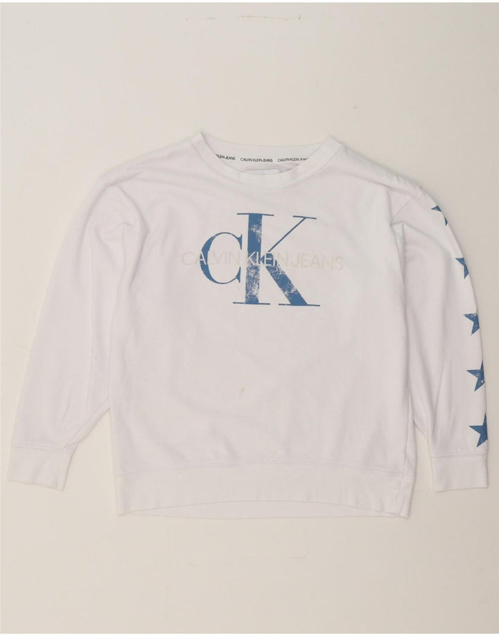 CALVIN KLEIN JEANS Womens Graphic Sweatshirt Jumper UK 14 Medium White Vintage Calvin Klein Jeans and Second-Hand Calvin Klein Jeans from Messina Hembry 