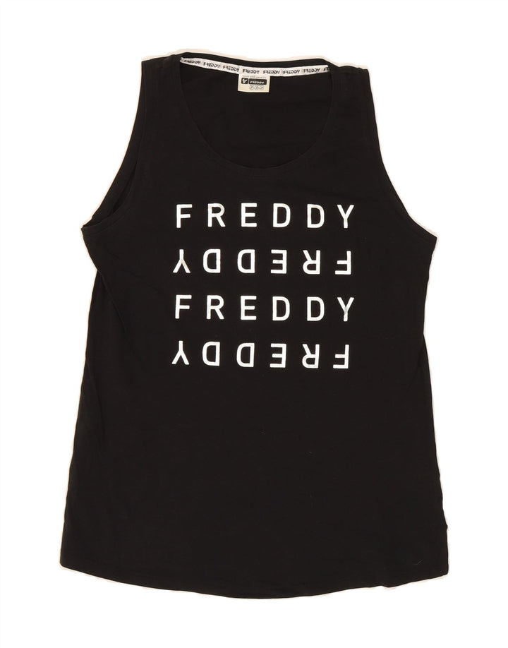 FREDDY Womens Graphic Vest Top UK 12 Medium  Black Cotton Vintage Freddy and Second-Hand Freddy from Messina Hembry 