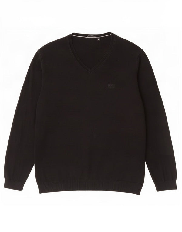 Hugo Boss Womens Regular Fit V-Neck Jumper Sweater XL Black Cotton