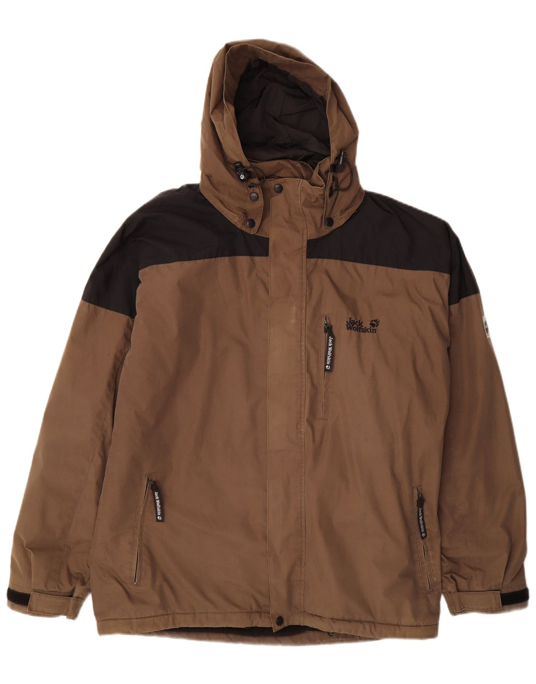 Мужская ветровка с капюшоном Jack Wolfskin UK 38, средний коричневый цвет с цветными блоками