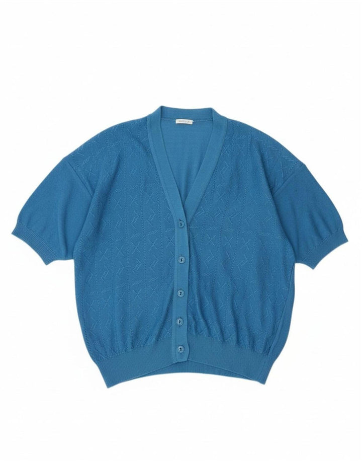 VINTAGE Womens Short Sleeve Cardigan Sweater UK 14 Medium Blue