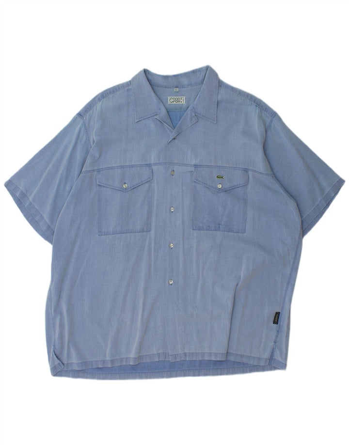 LACOSTE Мужская рубашка с коротким рукавом, размер 45 XL, синяя хлопковая полоска